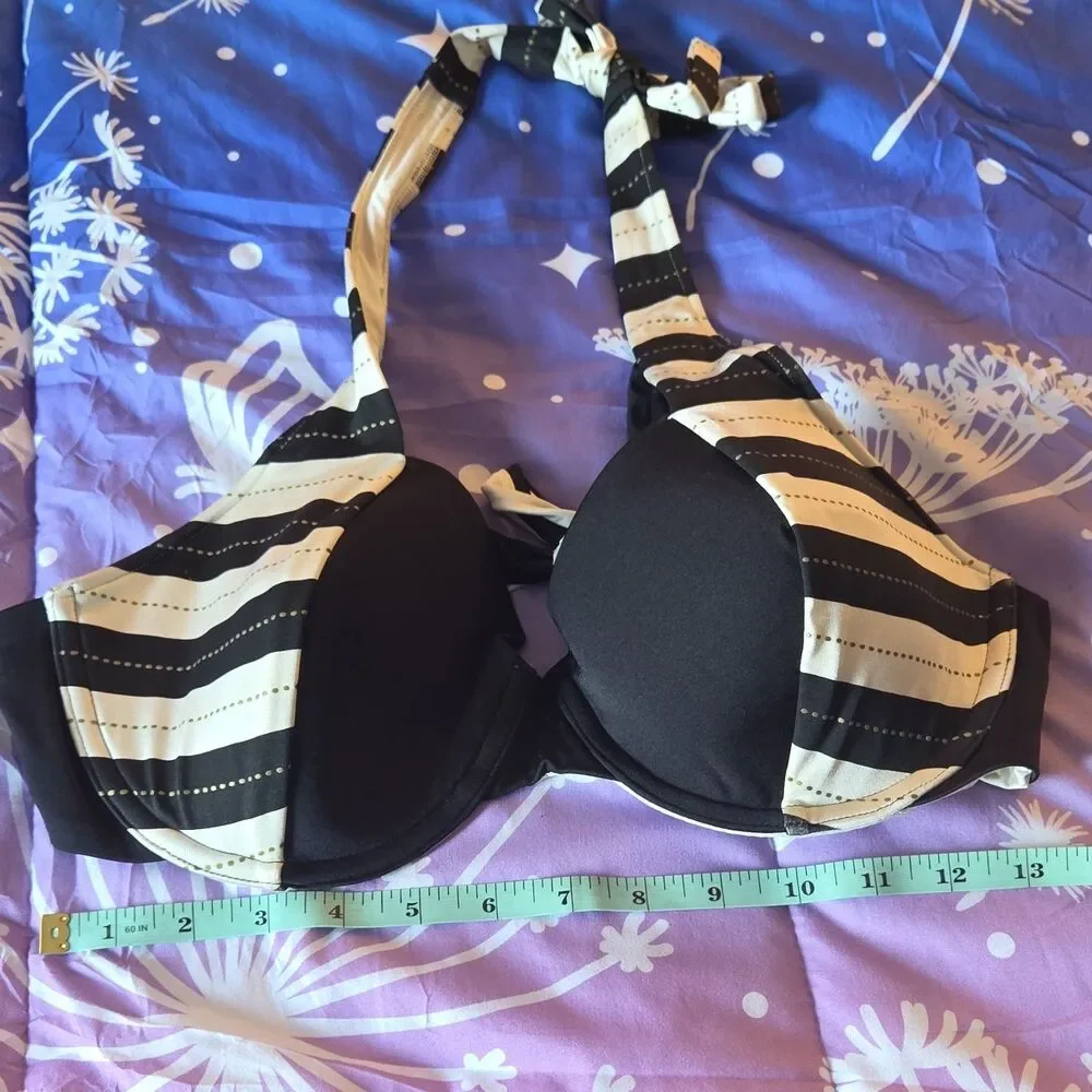 A. Ché Black Striped Halter Bikini Top Bow Accent Lined Padded Underwire XL 36DD